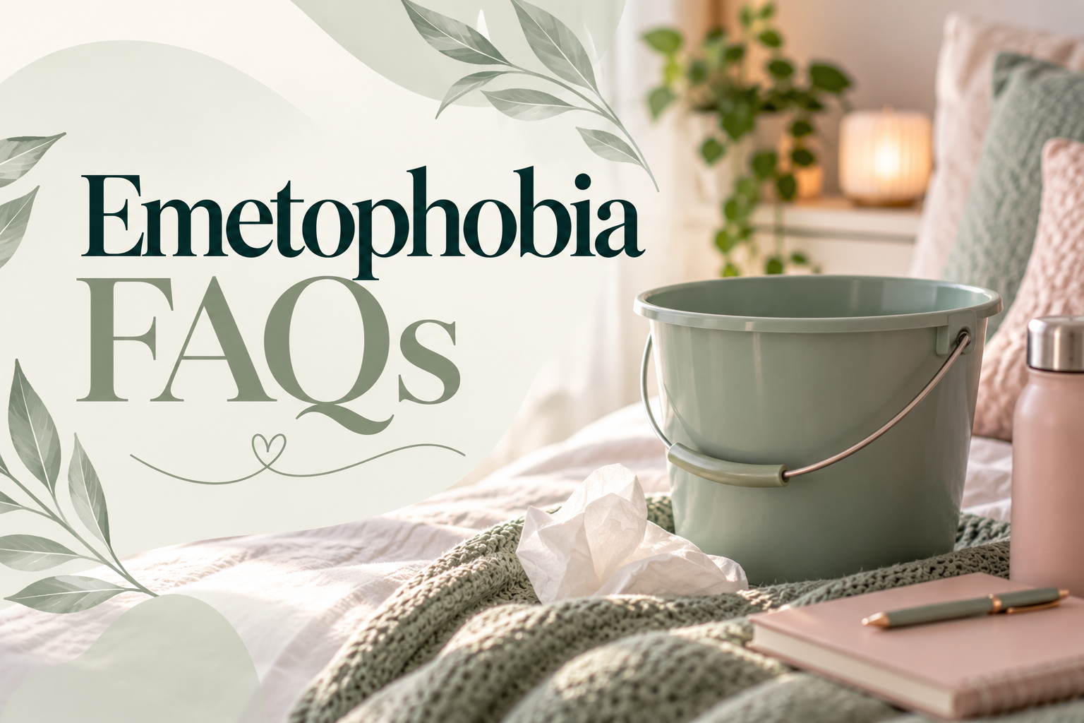 Emetophobia FAQs banner featuring a sage green bucket, tissues and soft botanical decor in a calming bedroom setting.