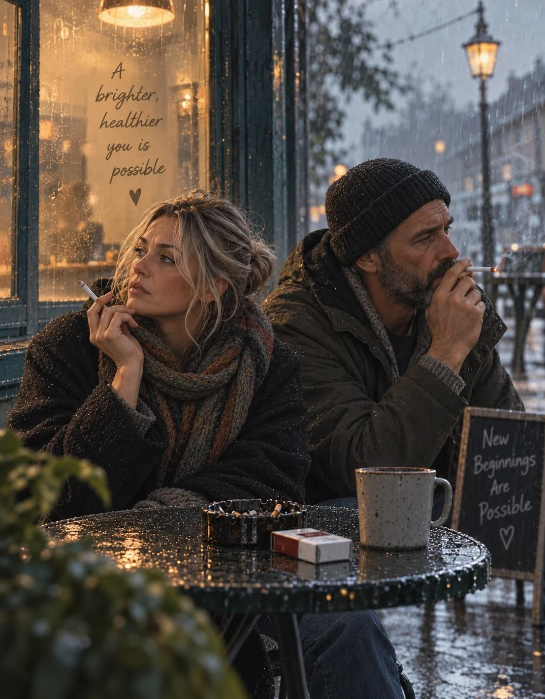 Two adults sitting outside a café on a cold, rainy day smoking cigarettes, with a lit cigarette, drifting smoke and an ashtray on a wet table, representing the struggle to quit smoking and the possibility of a healthier future.