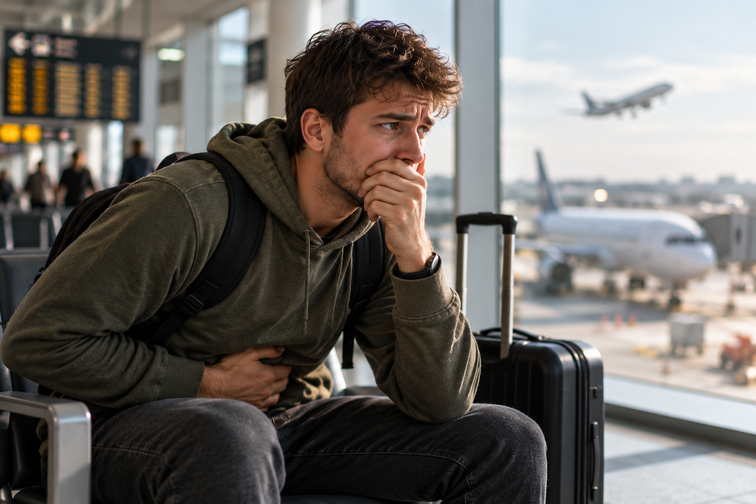 Traveller at an airport feeling anxious about being sick abroad, a common emetophobia worry