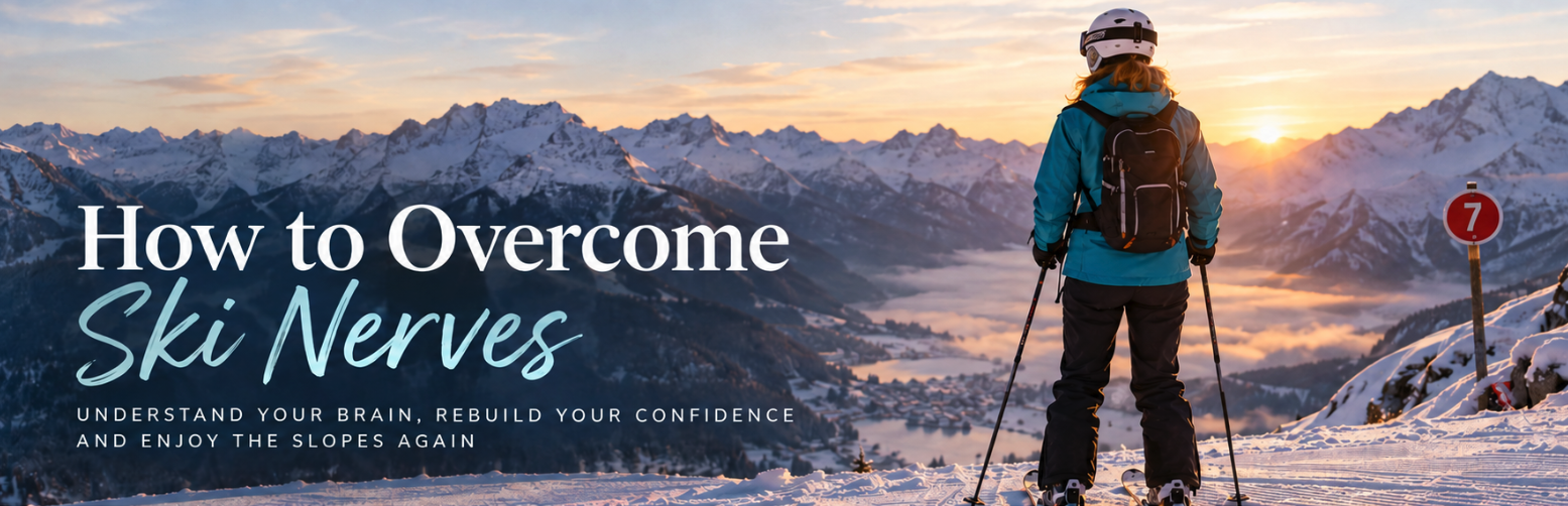 Skier standing on a snowy mountain slope at sunset overlooking the Alps, with the text “How to Overcome Ski Nerves” and “Understand your brain, rebuild your confidence and enjoy the slopes again.”
