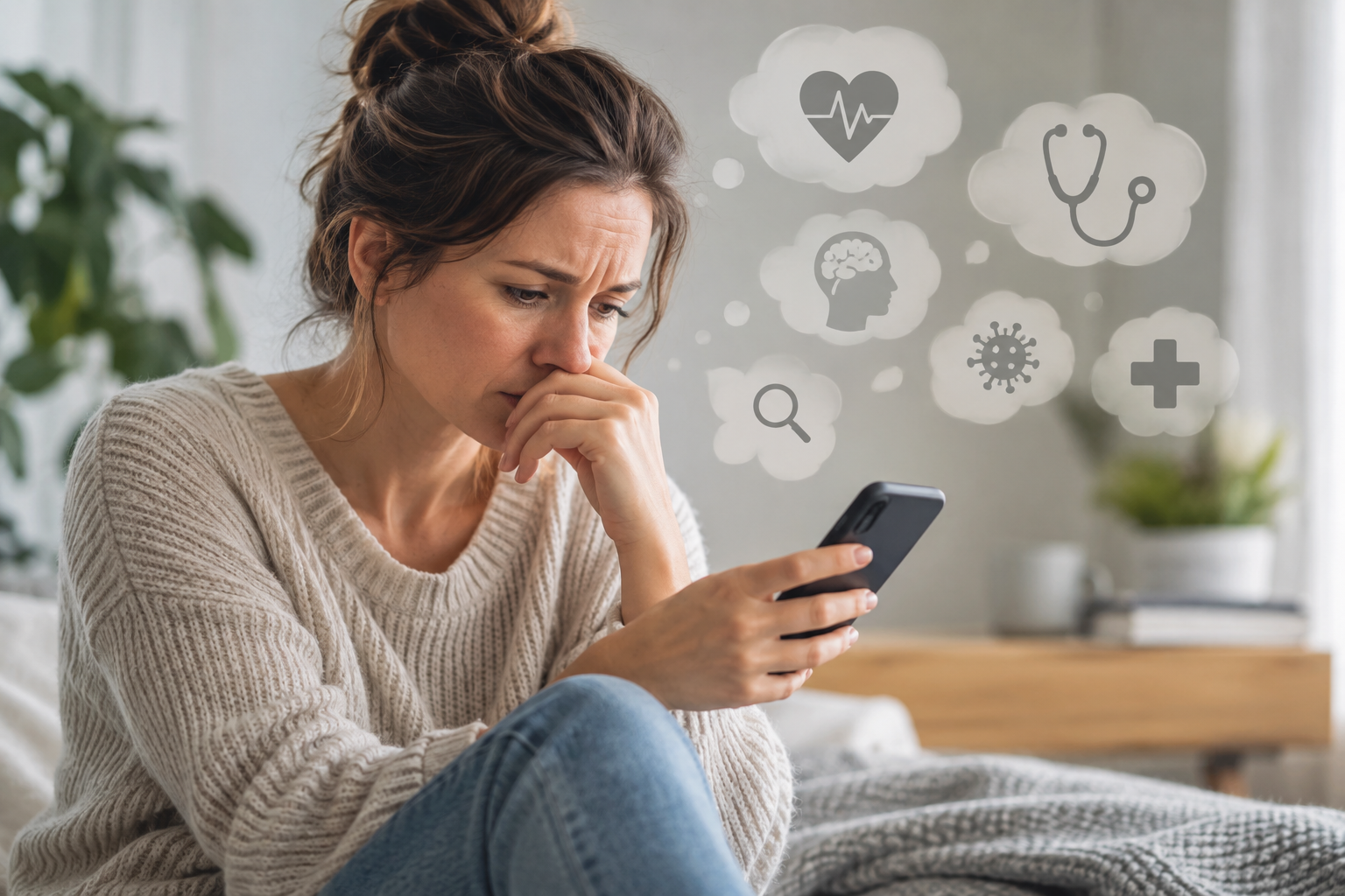 Woman looking worried while googling symptoms on her phone, a common sign of health anxiety