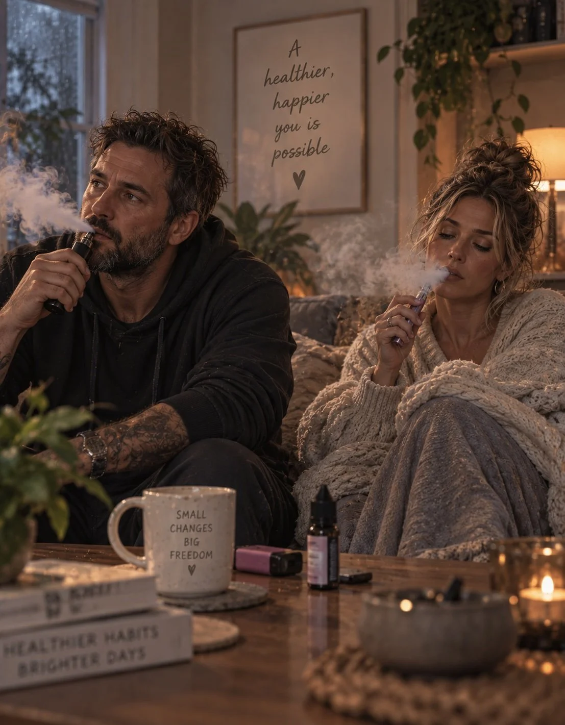 Two adults sitting indoors on a sofa vaping, surrounded by clouds of vape smoke in a warm, cosy living room, representing the challenges of quitting vaping and moving towards a healthier lifestyle.