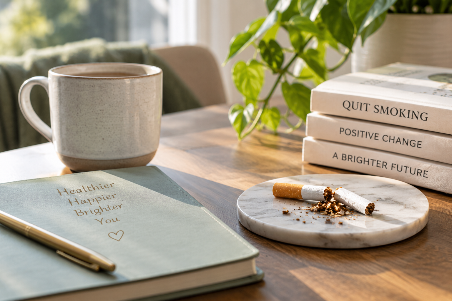 Professional lifestyle photograph symbolising quit smoking and positive change, featuring a broken cigarette, notebook reading “Healthier, Happier, Brighter You,” and books about quitting smoking and hypnotherapy.