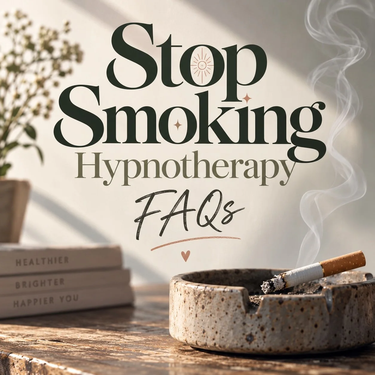 Stop Smoking Hypnotherapy FAQs graphic featuring a cigarette resting in an ashtray with smoke rising, alongside the words “Stop Smoking Hypnotherapy FAQs” in an elegant, modern design.
