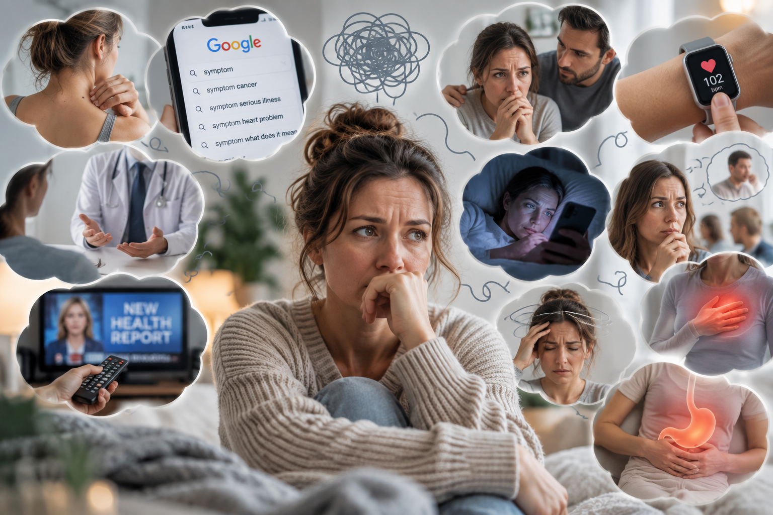 Woman surrounded by thoughts of googling symptoms, checking her heartbeat and seeking reassurance, common health anxiety symptoms