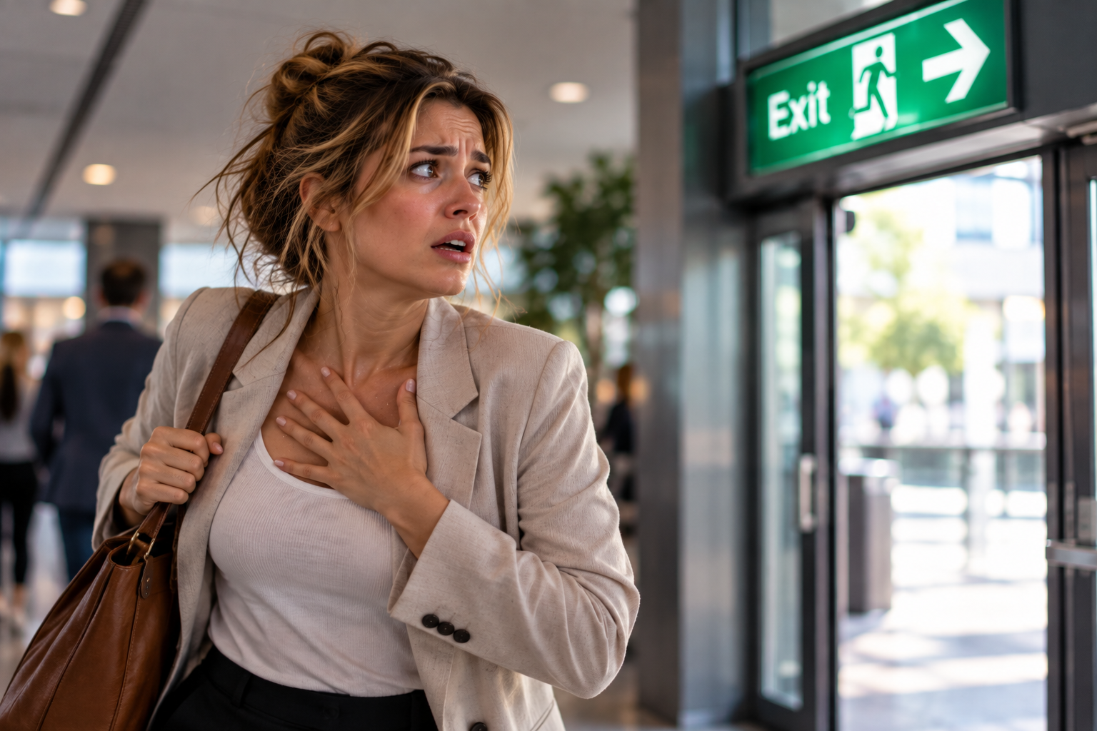 Woman experiencing panic attack in a public building, clutching her chest and looking anxiously towards an exit as she seeks an escape route.