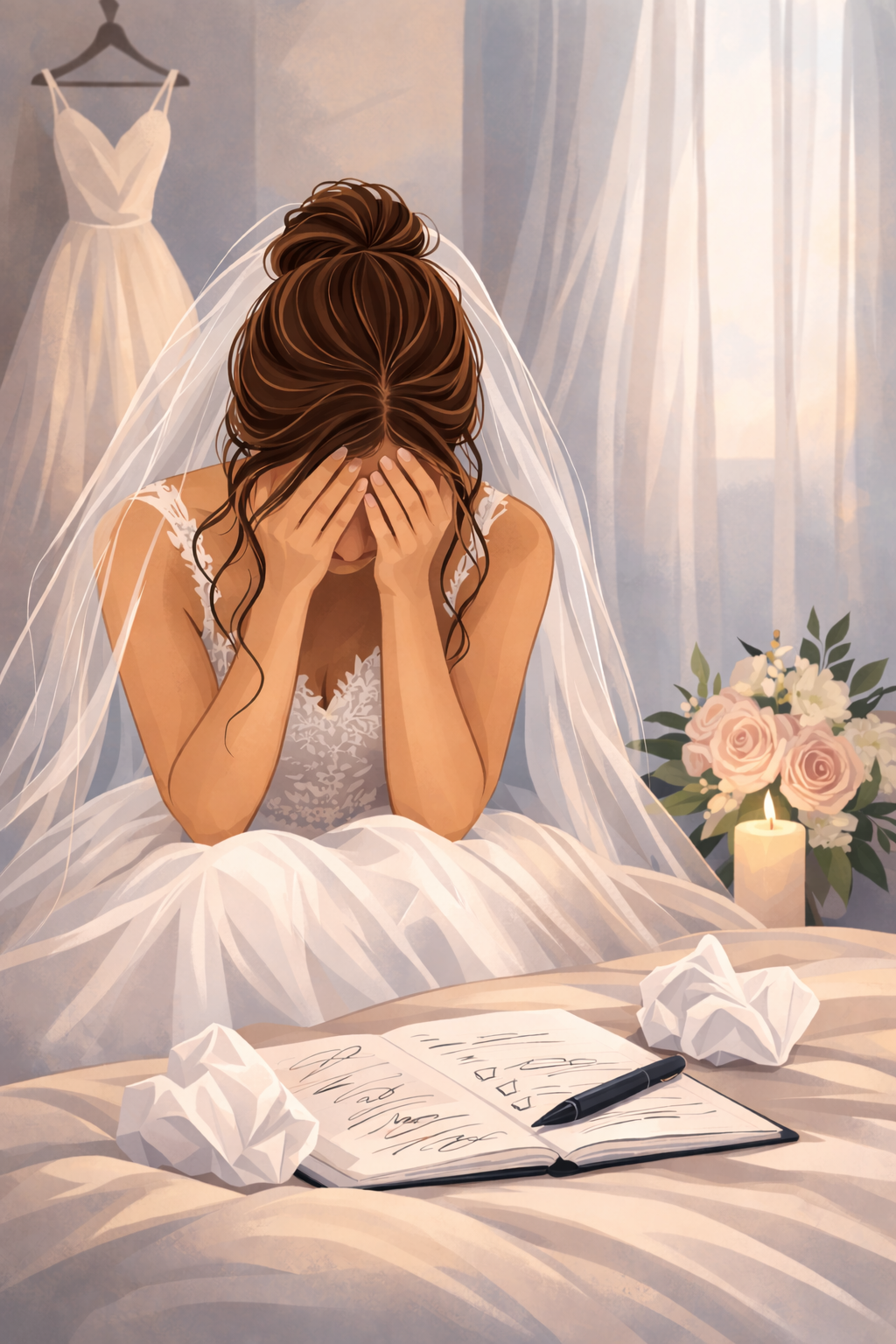 Illustration of a stressed bride sitting alone before her wedding, representing wedding anxiety and how hypnotherapy can help calm wedding jitters.