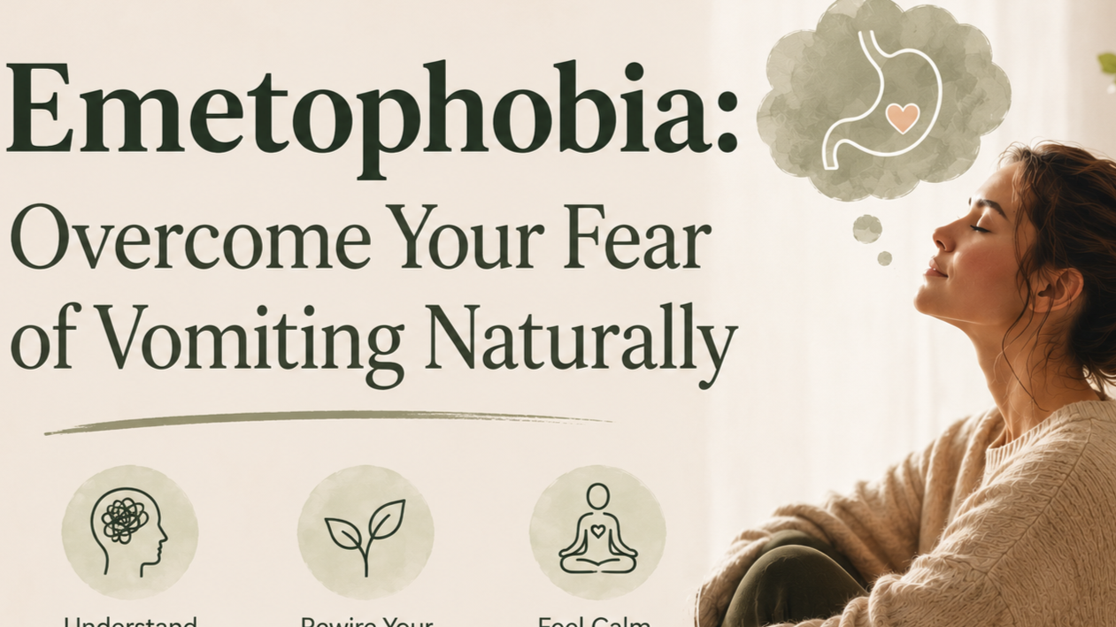 Emetophobia hypnotherapy banner with a calm woman resting her eyes and a thought bubble of a settled stomach