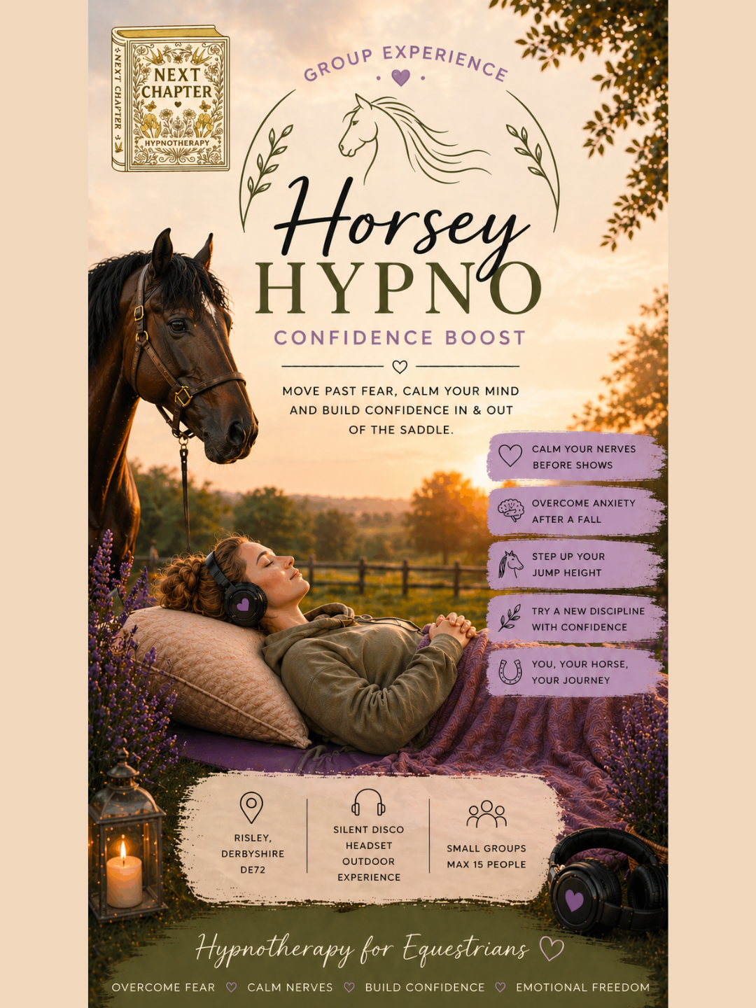 Illustration of a female horse rider relaxing on a yoga mat in a sunny field with a horse, wearing silent disco headsets for an equestrian hypnotherapy confidence session in Derbyshire.