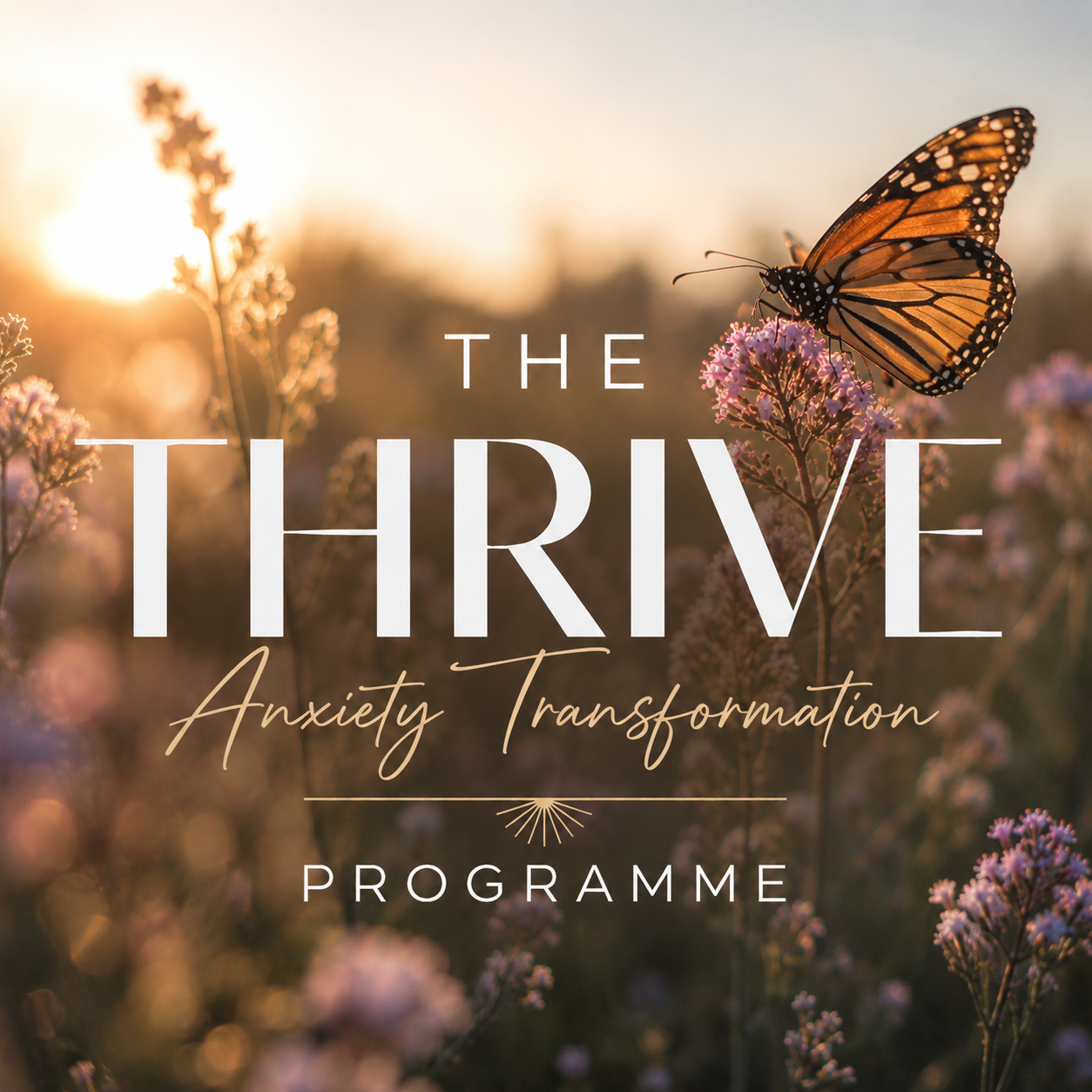 The Thrive Anxiety Transformation Programme from Next Chapter Hypnotherapy, with a monarch butterfly resting on wildflowers at sunrise