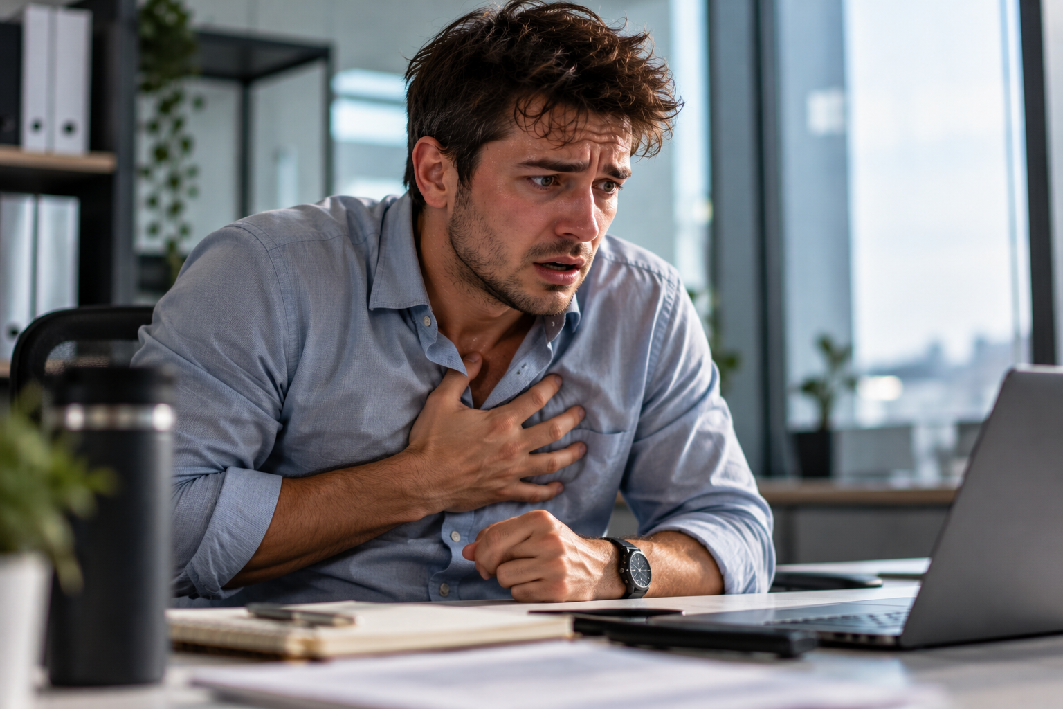 Man experiencing a panic attack at work, clutching his chest and showing signs of intense anxiety and distress at his office desk.