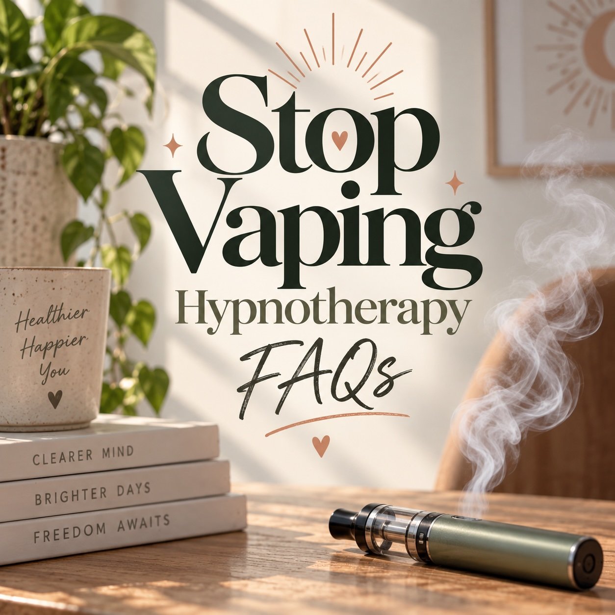 Stop Vaping Hypnotherapy FAQs graphic featuring a vape device with drifting vapour, surrounded by plants, books and warm natural décor in a calm, modern wellness-inspired setting.