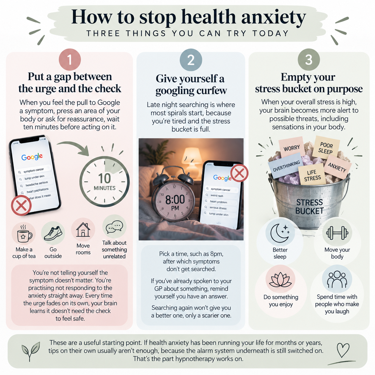 Three steps to calm health anxiety: put a gap between the urge and the check, set a googling curfew, and empty your stress bucket
