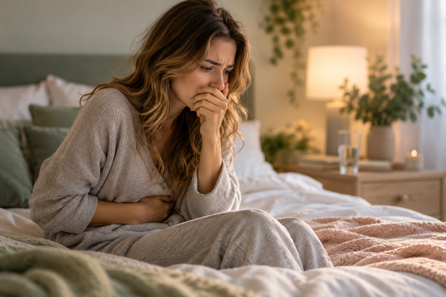 Woman sitting on her bed holding her stomach, living with a fear of vomiting