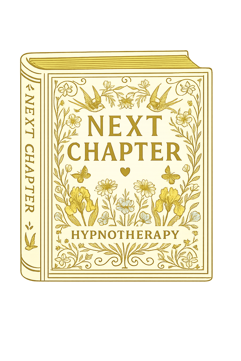 Book titled 'Next Chapter' about hypnotherapy, decorated with floral and bird illustrations.