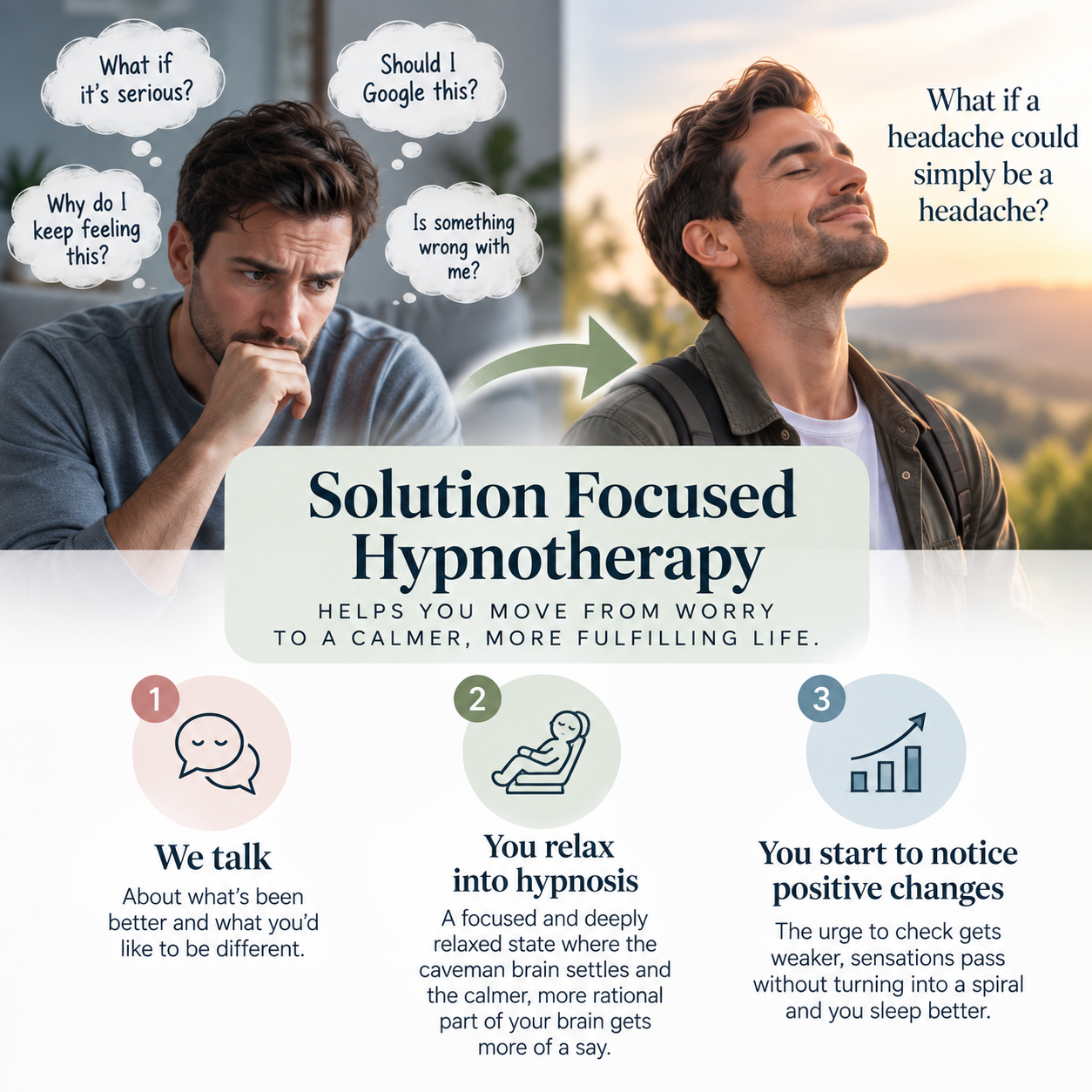 Man moving from worry to calm with hypnotherapy for health anxiety, with less checking, fewer spirals and better sleep