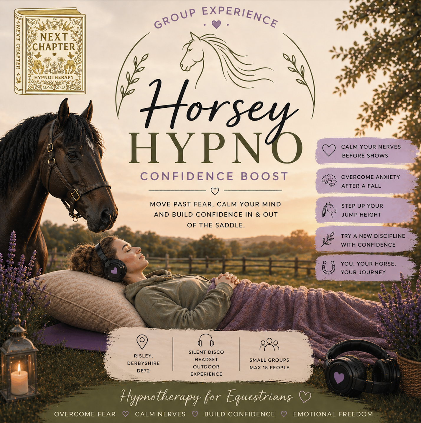 Group outdoor hypnotherapy session for horse riders — Next Chapter  Hypnotherapy's Horsey Hypno Confidence Boost event in Derbyshire,  helping nervous riders overcome anxiety and rebuild confidence.