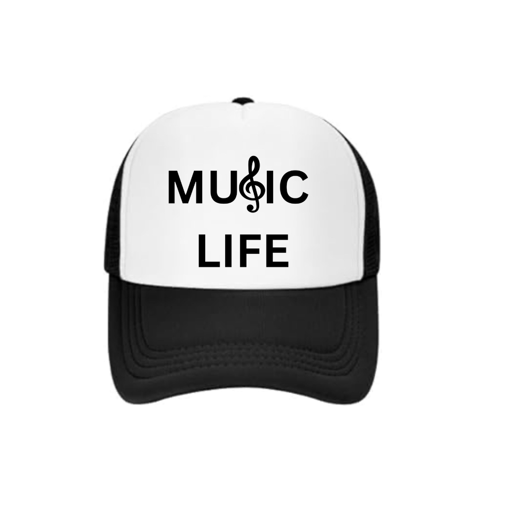 Music Life Snapback hat Black and White front