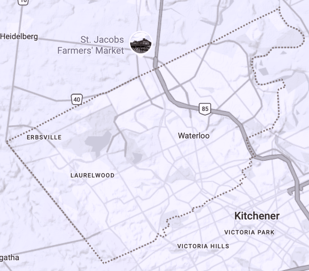 Map showing Waterloo, Ontario service area