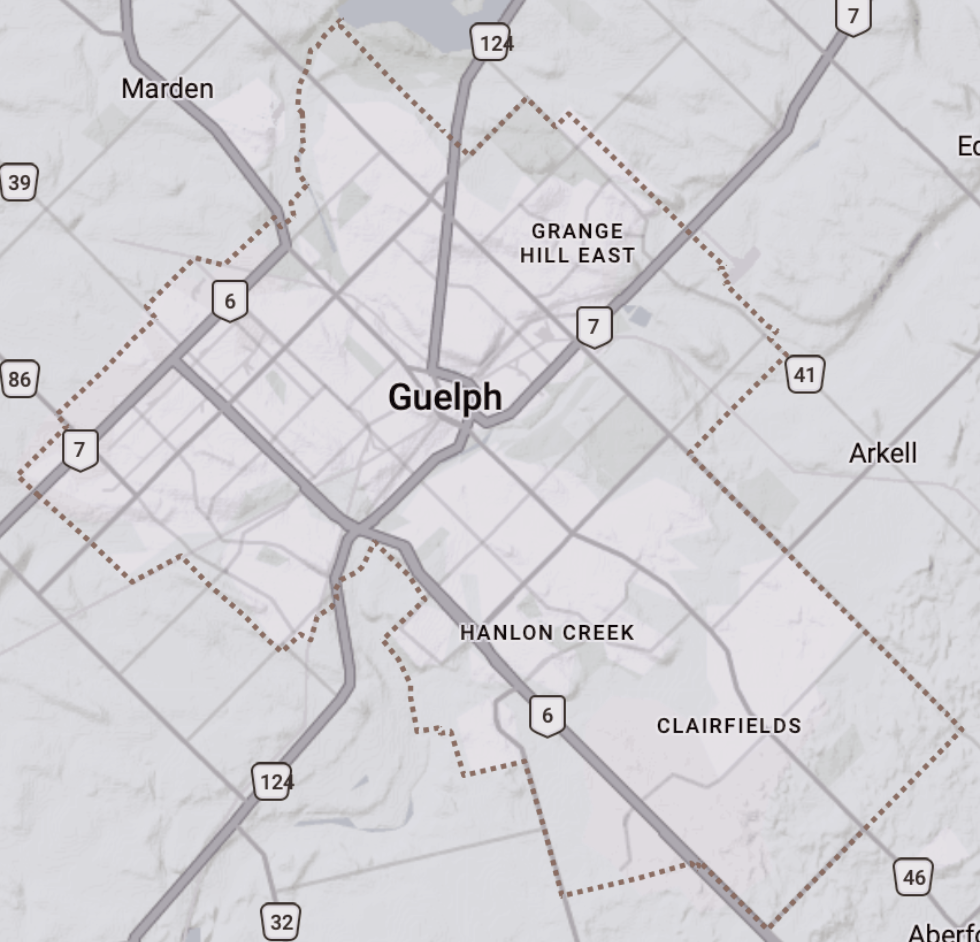 Map showing the home care service area in Guelph, Ontario, including downtown Guelph, the Old University area, and surrounding residential neighbourhoods.
