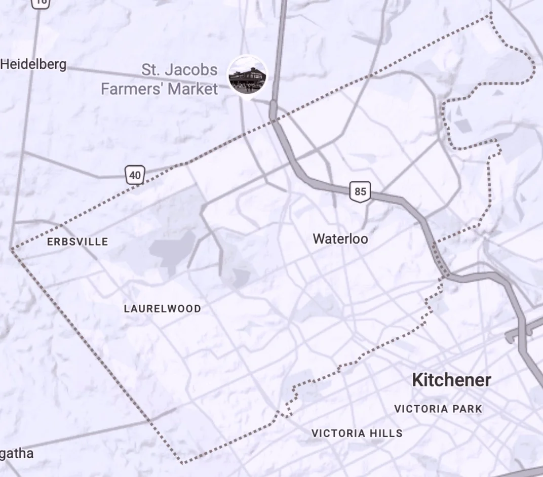 Map showing parts of Kitchener, Waterloo, Laurelwood, Erbsville, and Heidelberg with a line indicating a route passing through St. Jacobs Farmers' Market and ending near Heidelberg.