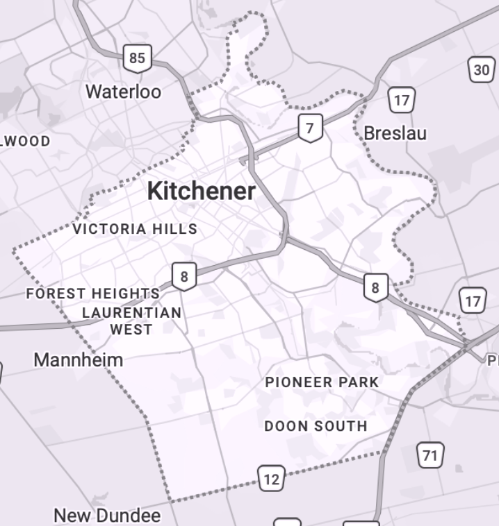 Map showing the home care service area in Kitchener, Ontario, including Victoria Hills, Forest Heights, Doon, and Pioneer Park.