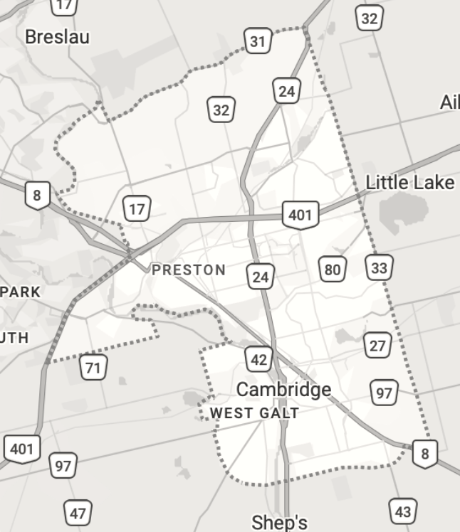 Map showing the home care service area in Cambridge, Ontario, including Galt, Preston, and Hespeler.