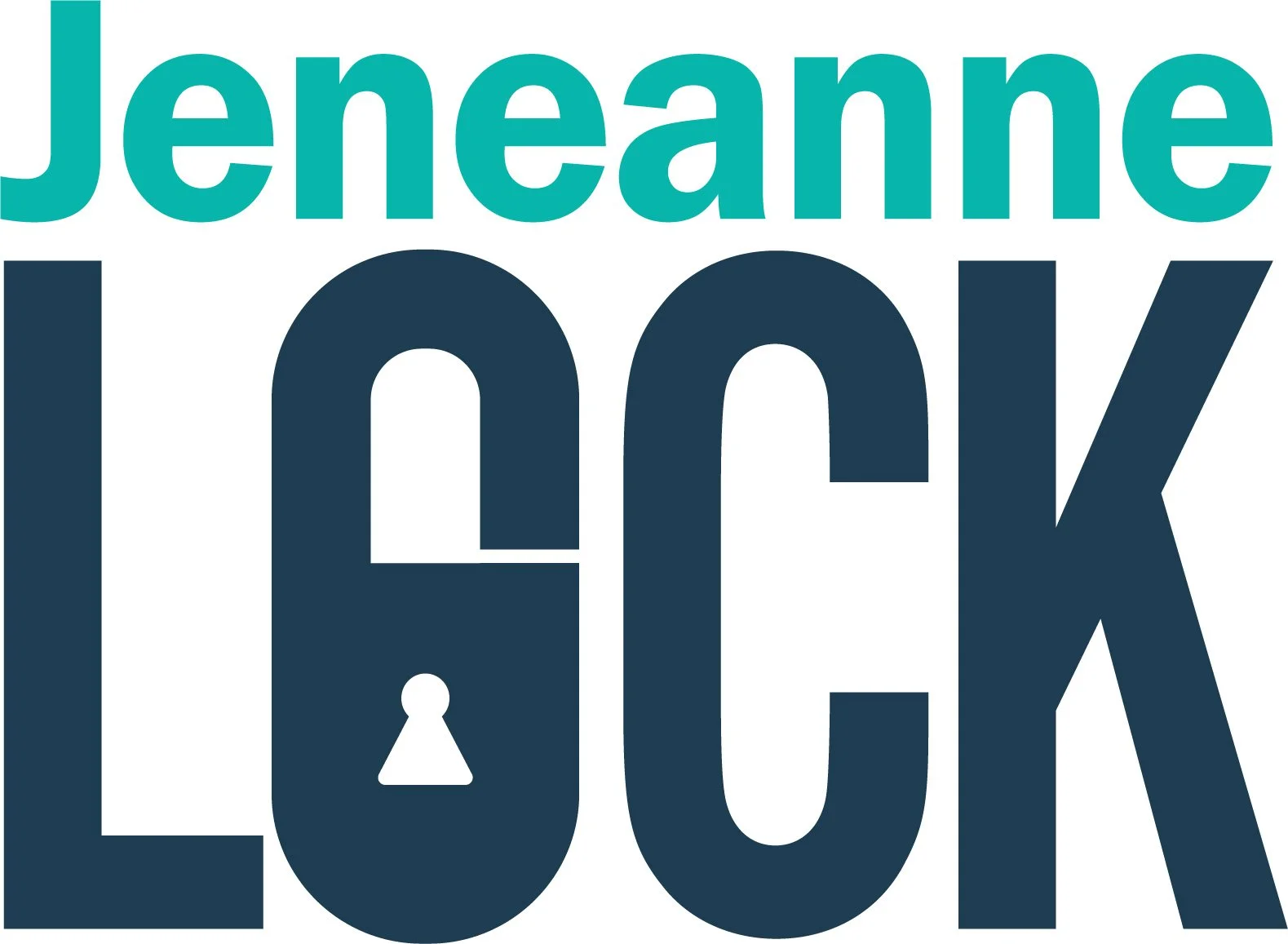 Bold text logo with the words 'Jeneanne' in teal at the top and 'LOCK' in navy with a keyhole shape inside the letter 'O'.
