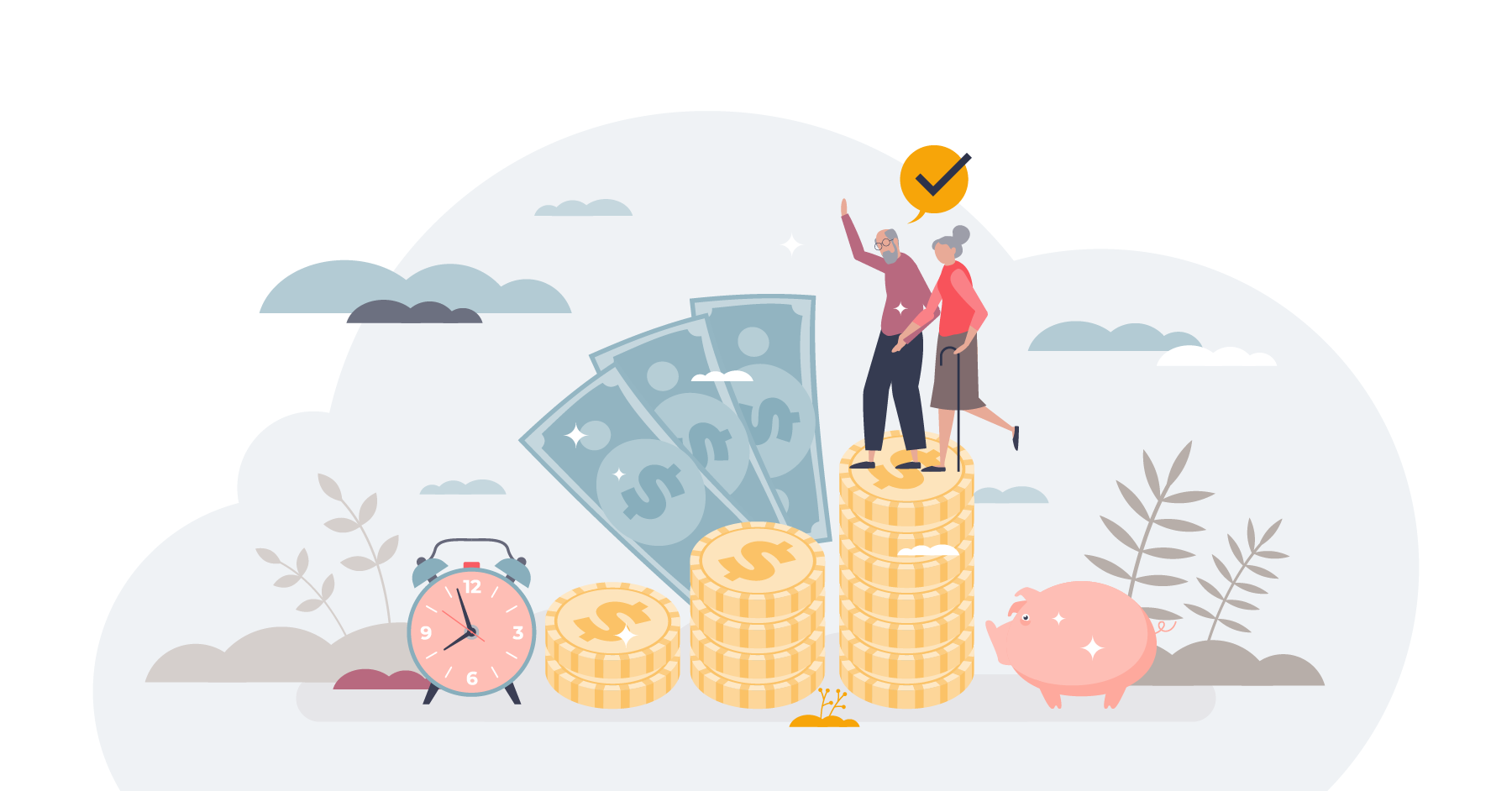 a retired couple standing on a pile of money