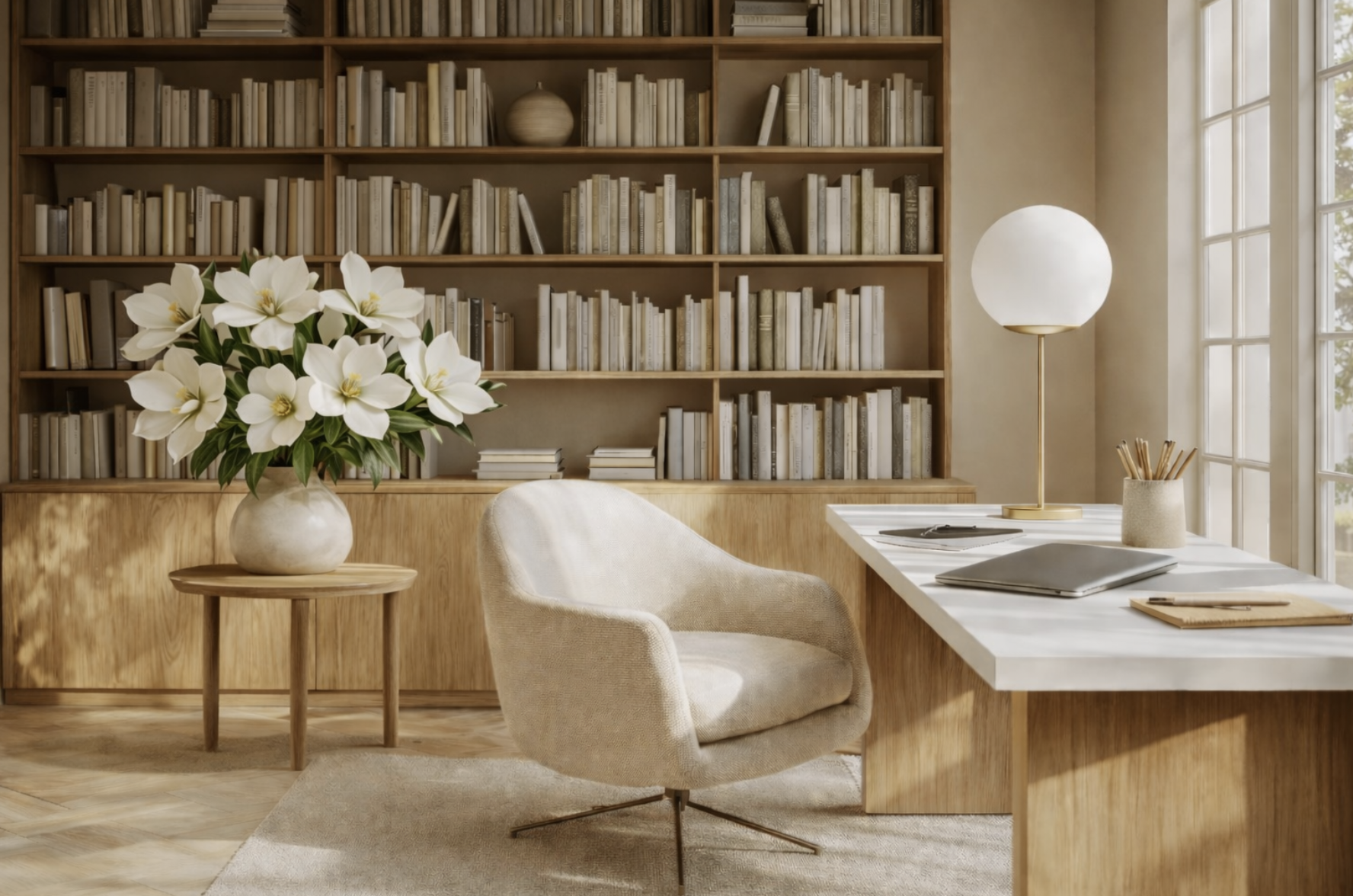 A cozy, well-lit home office with a white marble desk, beige armchair, large bookshelf filled with books, a table with white lilies, and a window with sunlight.