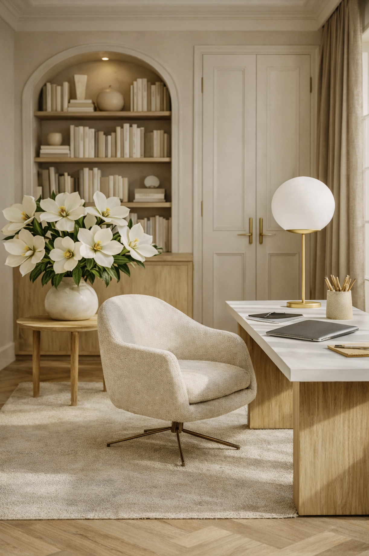 Home office with a beige swivel chair, a white marble desk with a black notebook, a golden table lamp with a white round shade, a container of pens, and a large vase of white flowers on a small wooden table, with a built-in bookshelf filled with white books and minimalist decor in the background.