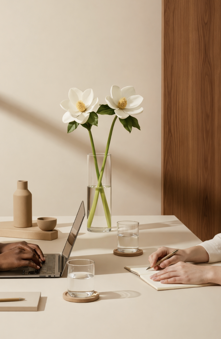 Two people sitting at a table, one typing on a laptop and the other writing in a notebook, with a vase of two white magnolia flowers on the table.