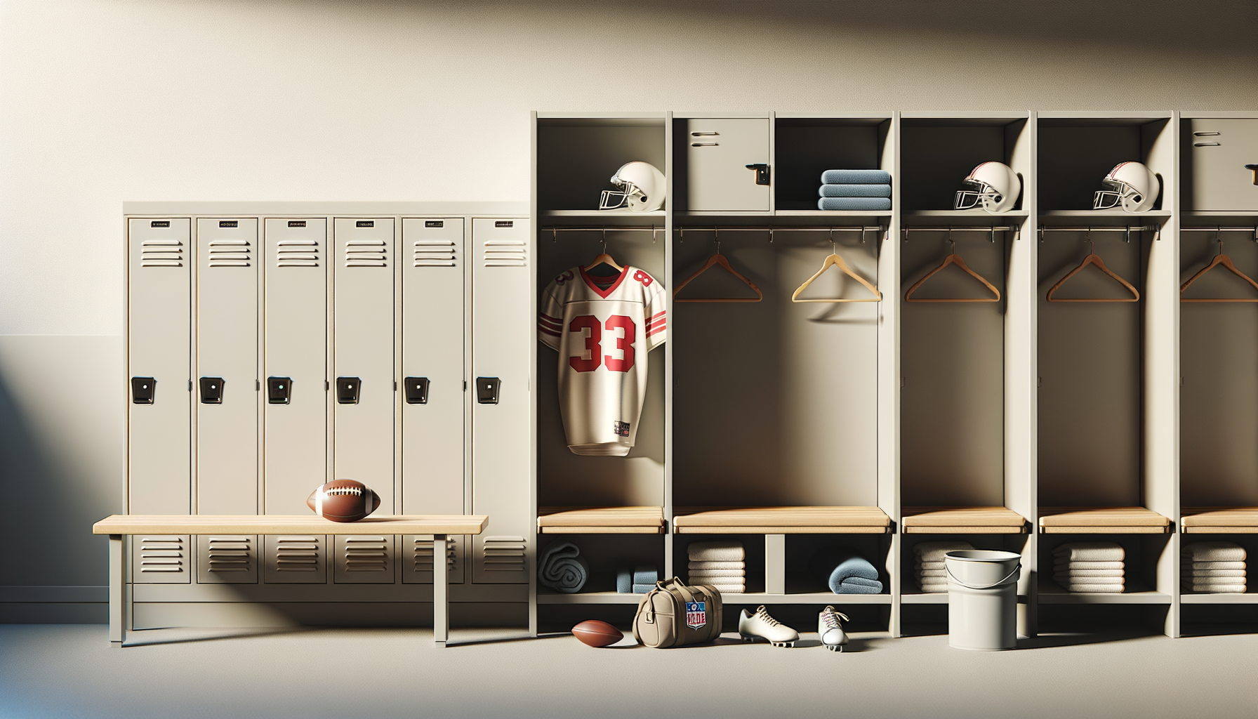 Empty football team locker room with beige lockers, a football on a bench, a jersey with number 33, wall-mounted helmets, hanging hangers, folded towels, a duffel bag, football shoes, and a white bucket.