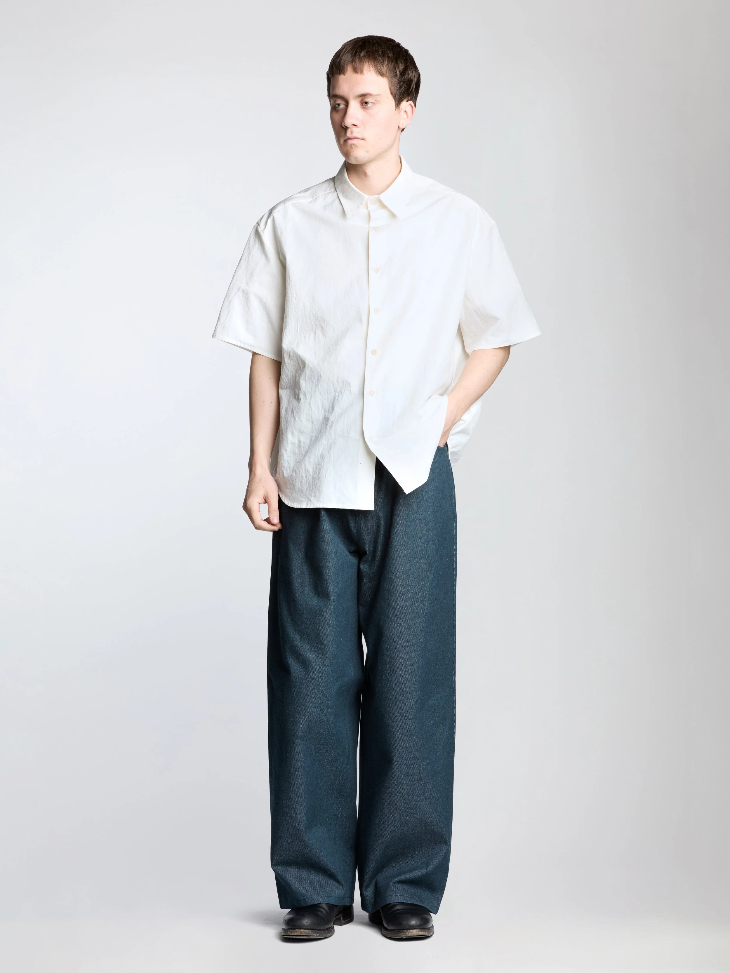 short sleeve simple shirt, white crinkle shirting