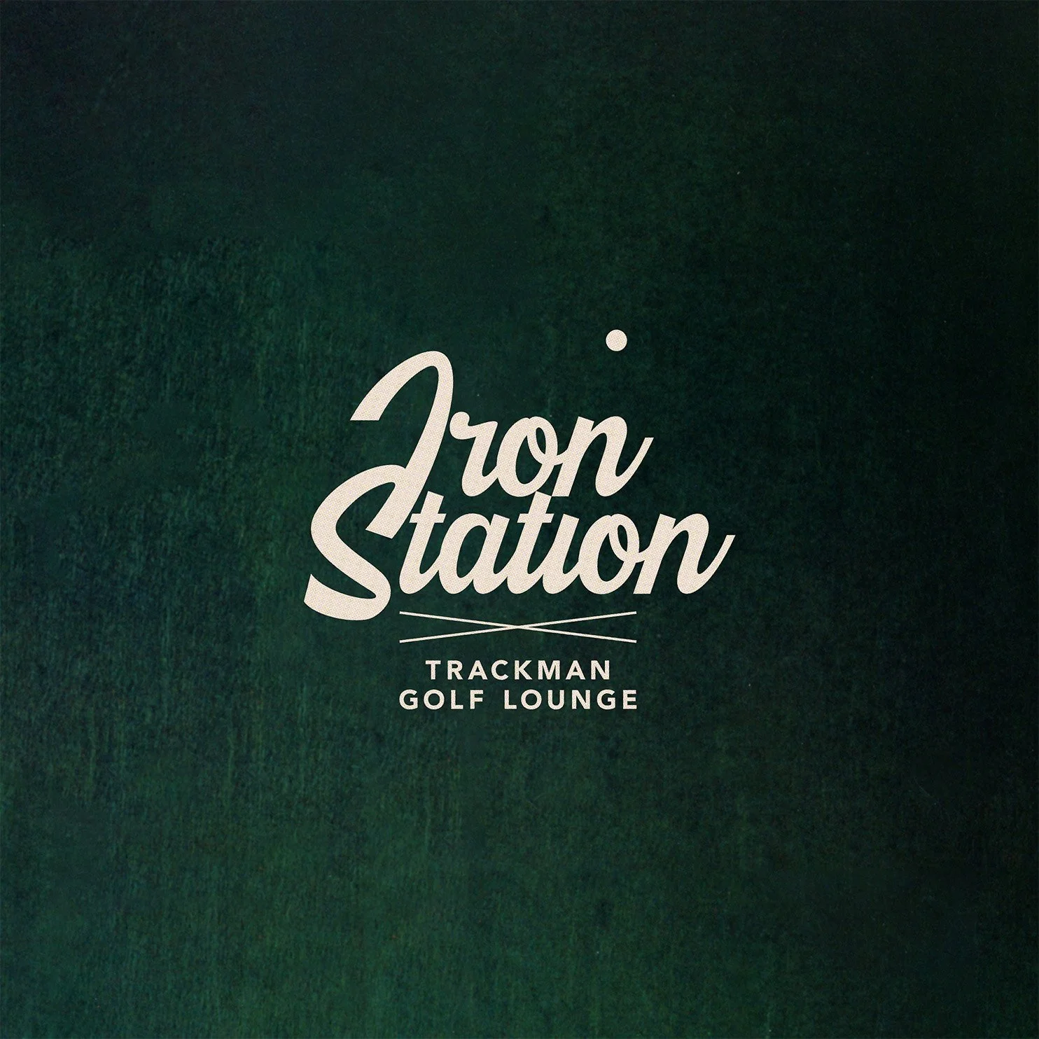 Sign for Iron Station Trackman Golf Lounge with green background.