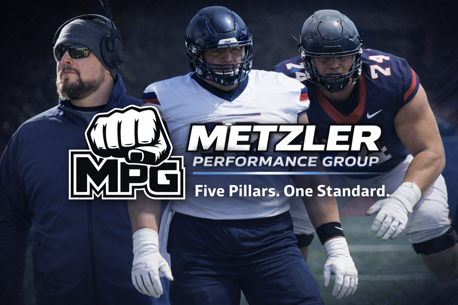 A football coach and two players on the field, promoting Metzler Performance Group with the slogan "Five Pillars. One Standard."