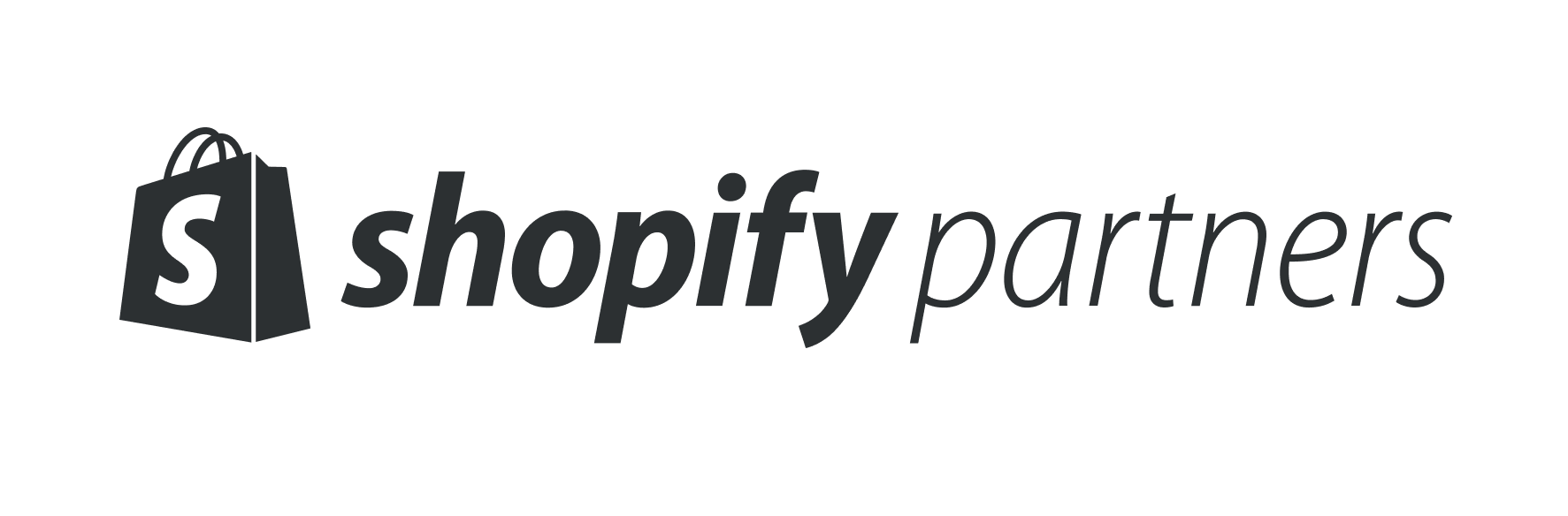 Logotipo de Shopify Partners con símbolo de carrito de compras y texto en tonos grises.