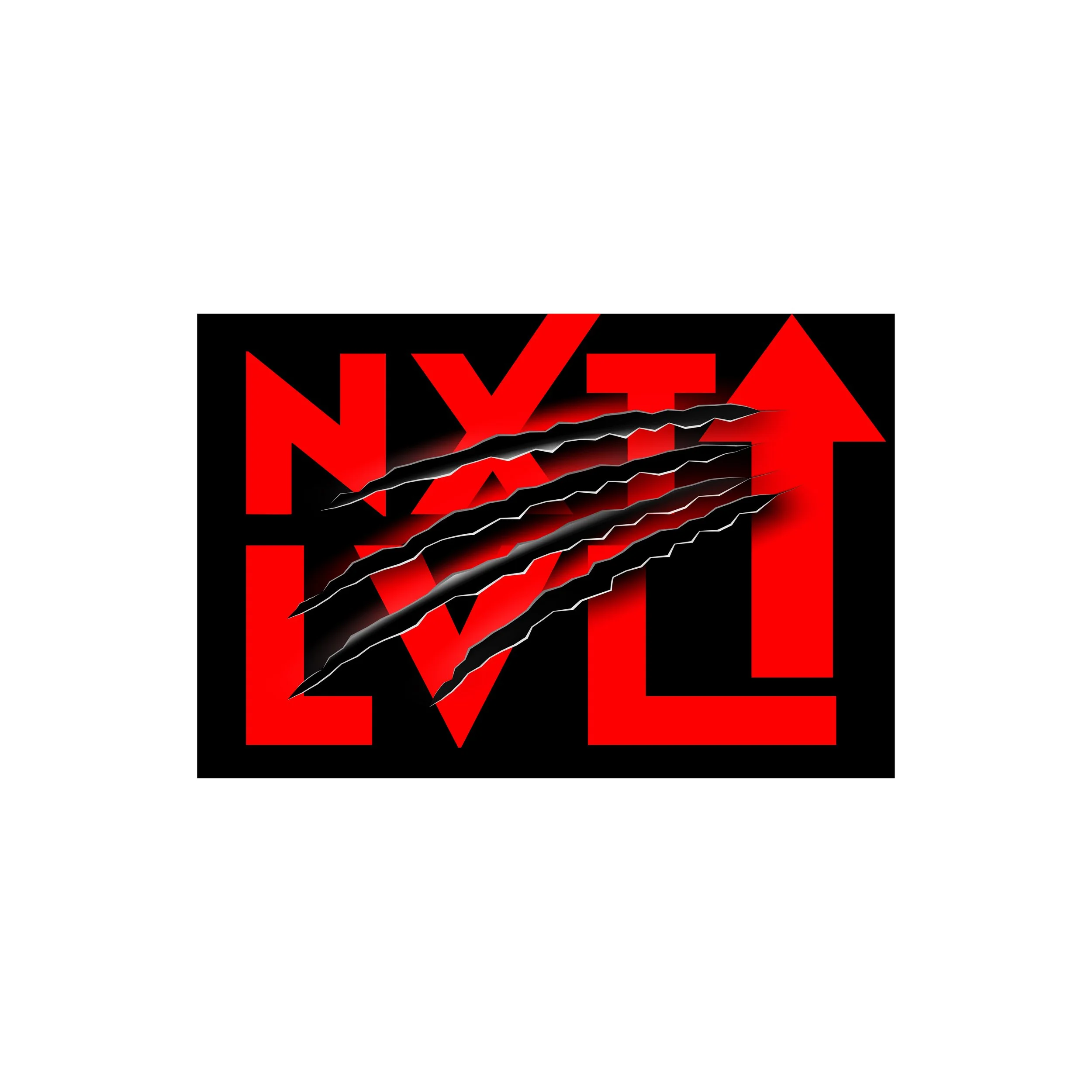 Graphic with black background, red text spelling 'NEW LOVE' and a black jagged claw mark with four white highlights crossing over the text.
