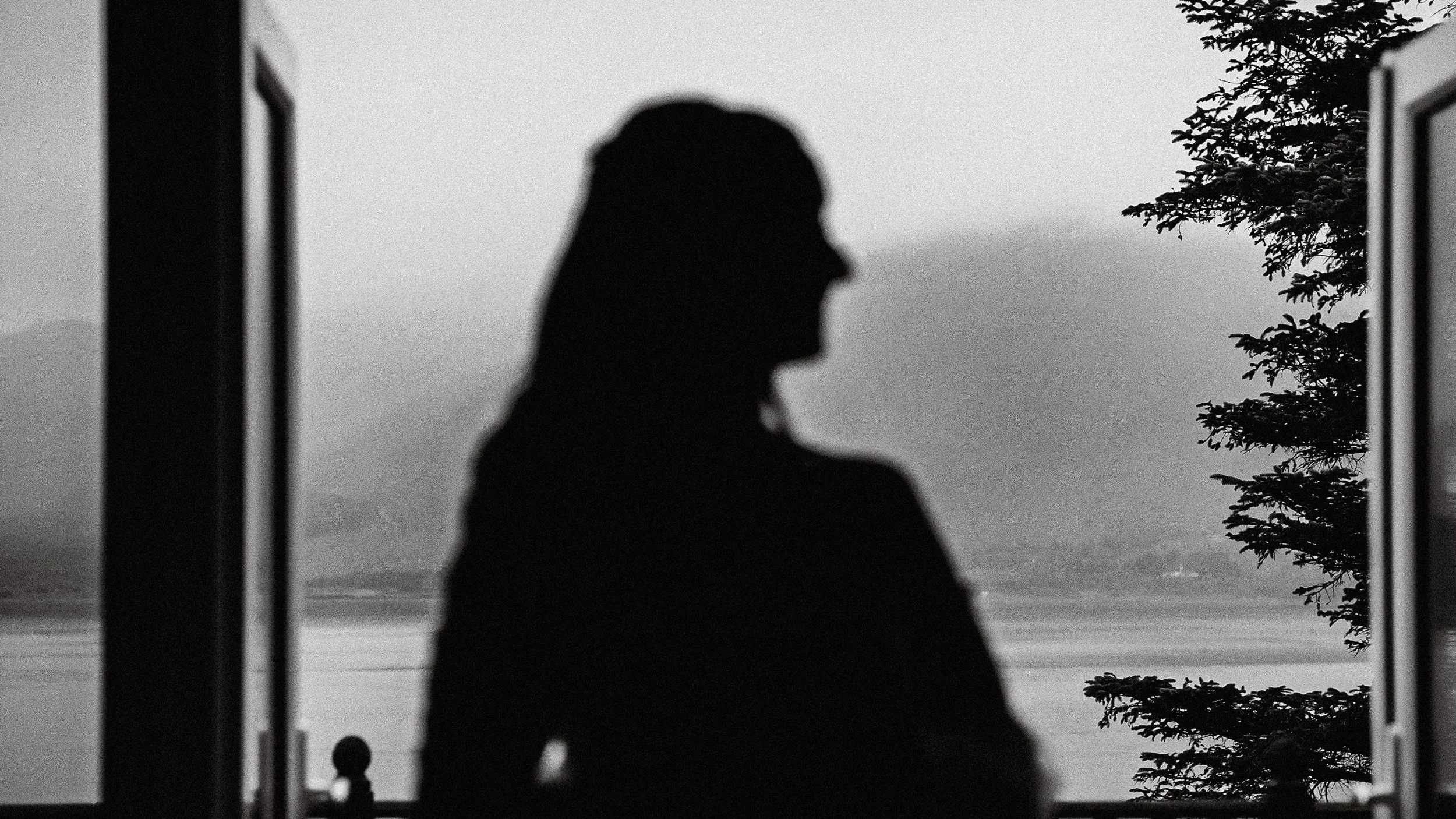 Silhouette of a woman standing in a doorway, with a landscape of water and trees in the background, in black and white.