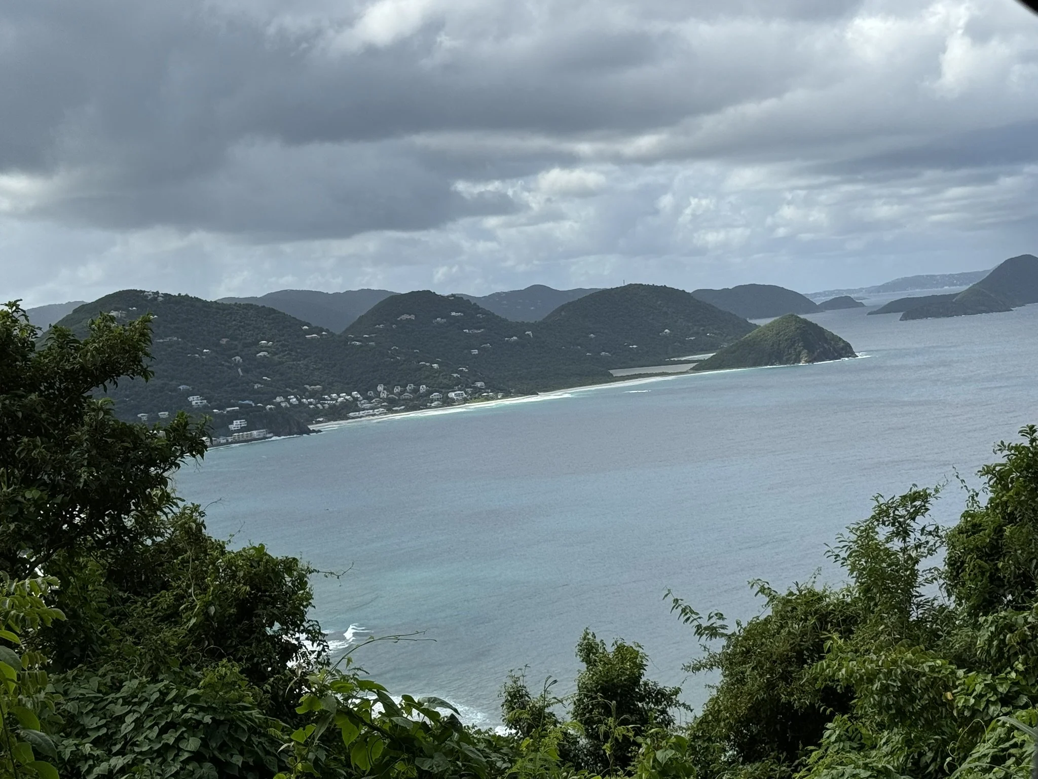 Uitzicht op de oceaan met groene bomen op de voorgrond en eilanden op de achtergrond onder een bewolkte hemel.