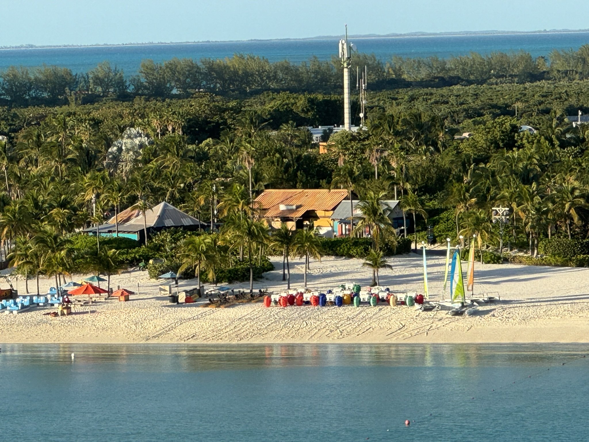 Strand met palmbomen, parasols, sailboats, en struiken, met de oceaan en een bos in de achtergrond.