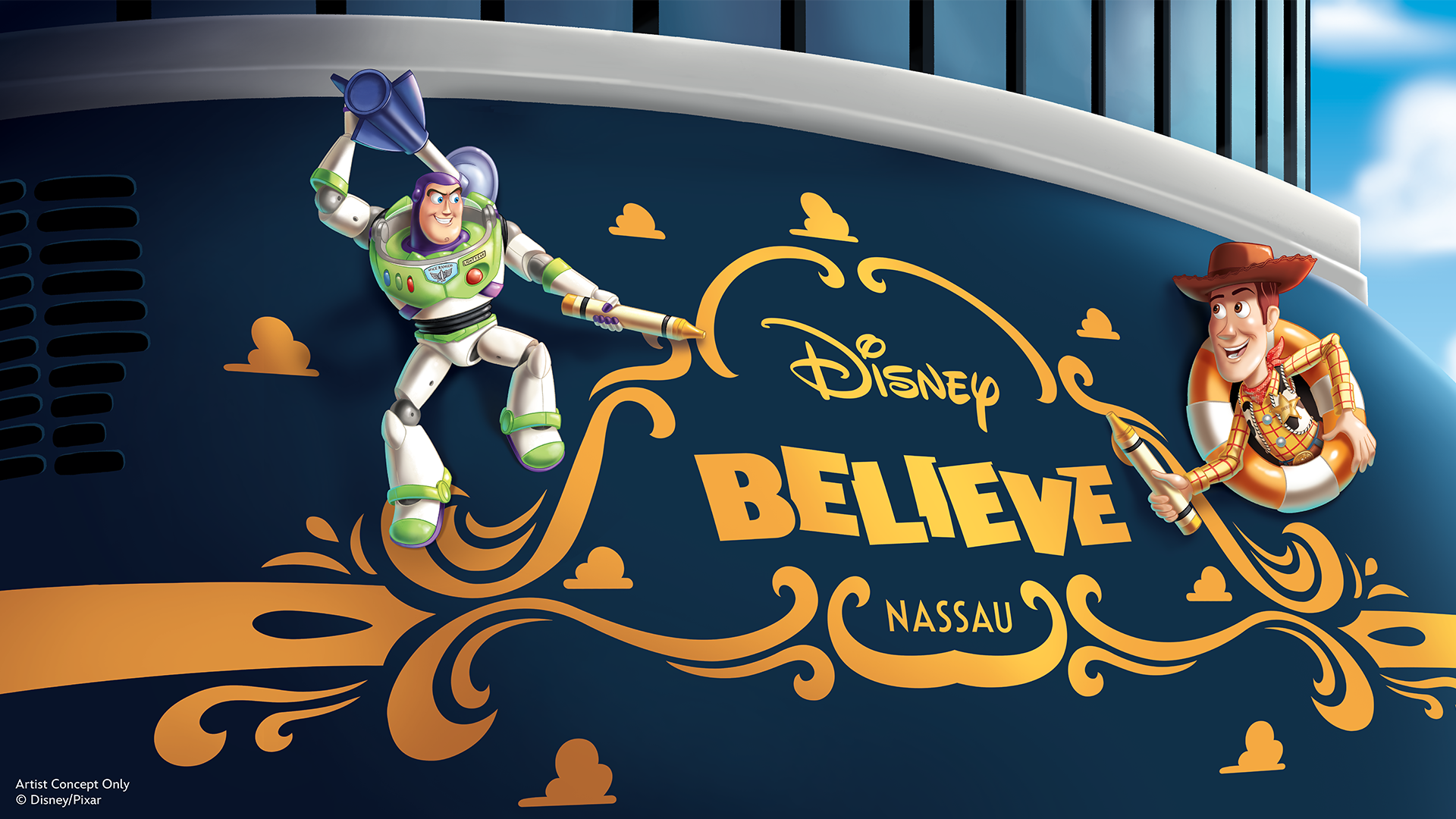 Afbeelding van een Disney-thema met Toy Story-personages, Buzz Lightyear en Sheriff Woody, die op een muur tekenen en schrijven, met de woorden 'Disney Believe Nassau'