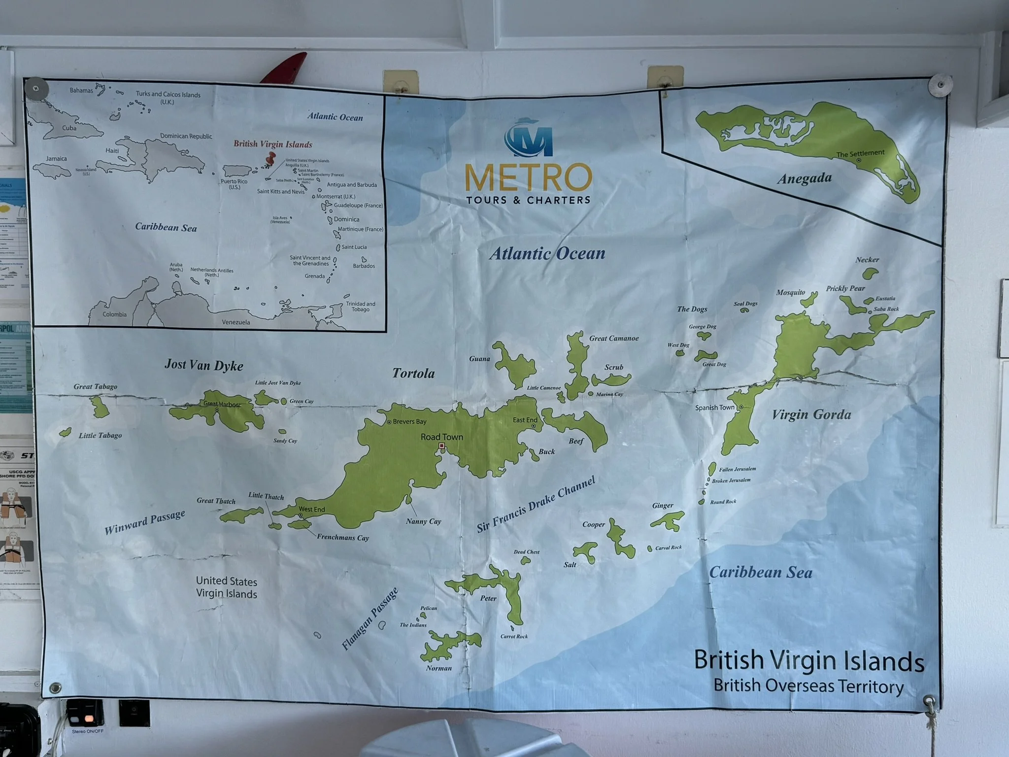 kaart van de Britse Maagdeneilanden met namen van verschillende eilanden en wateren, zoals Virgin Gorda, Jost Van Dyke, Tortola, en de Caribbean Sea.