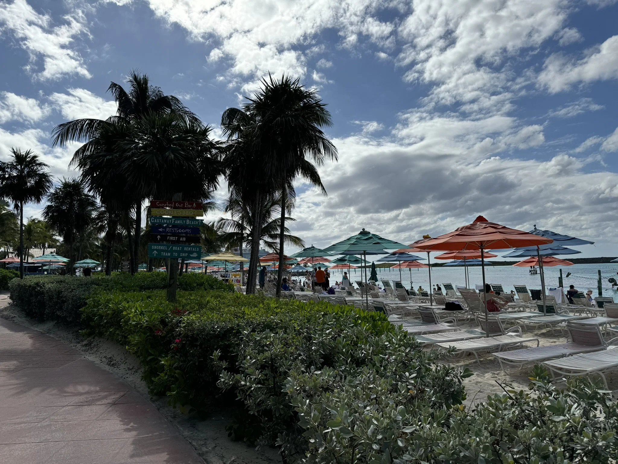 Strand met ligstoelen en parasols onder een bewolkte hemel, met palm bomen en een pad in de omgeving.