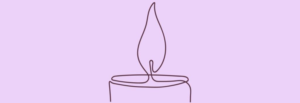 Minimalist line drawing of a lit candle on a purple background.