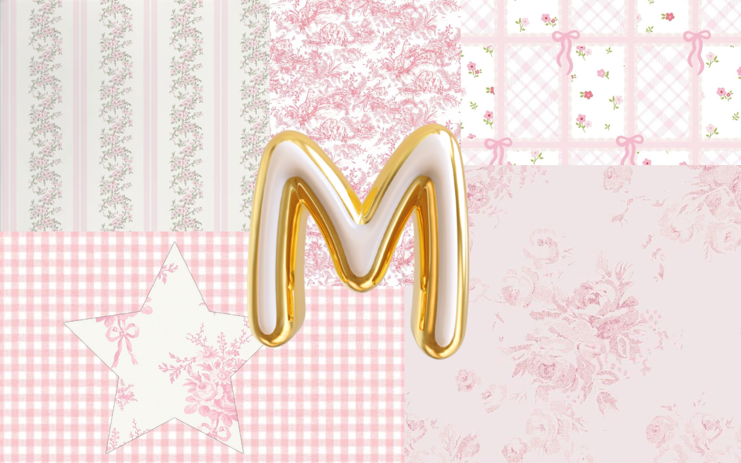 Pink and white patchwork background with floral and checkered patterns, a white star with pink floral print, and a gold and white balloon shaped like the letter M.