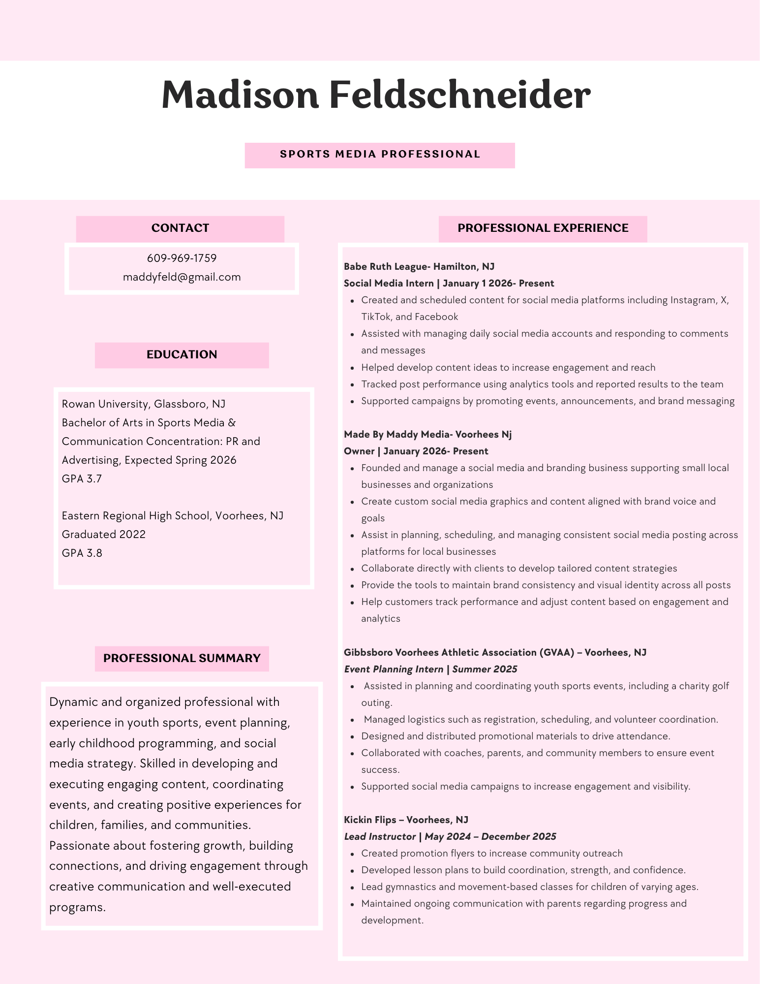 Resume for Madison Feldschneider with sections for contact, education, professional summary, professional experience in social media and sports event planning, and skills, featuring pink and white design elements.