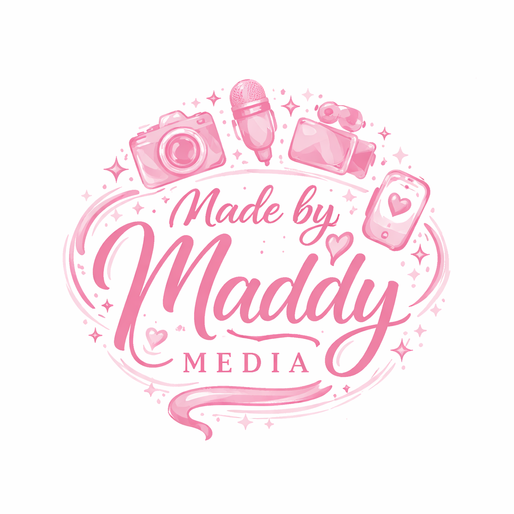 Pink graphic with cameras, microphone, video camera, and phone icons surrounding the text "Made by Maddy Media" with stars and sparkle accents.