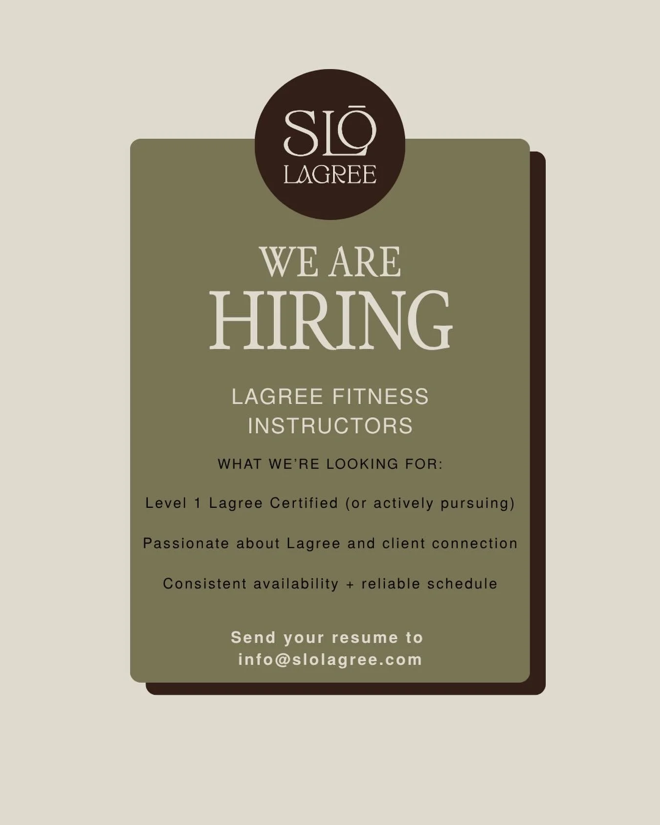 SLŌ Lagree is officially hiring certified Lagree instructors in Mission Viejo. If you&rsquo;re level 1 certified (or actively working toward it) and you care deeply about the method, send your resume to info@slolagree.com 🤎