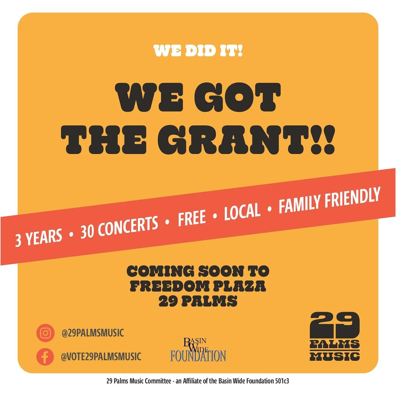 🏆 We did it!! Out of hundreds of applicants across the country, 29 Palms is 1 of only 3 in California to receive funding!

🎶 This means 30 free concerts for our community over the next 3 years!

🙏🏽 Without you all this wouldn&rsquo;t be possible!